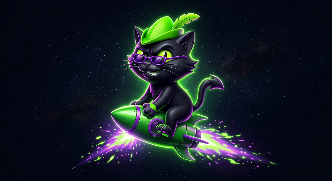 Neon cat mascot riding a rocket